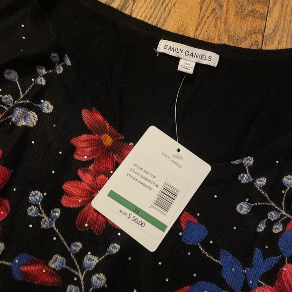 emily daniels black floral half sleeve jeweled knit sweater top size 3x nwt - Picture 2 of 7